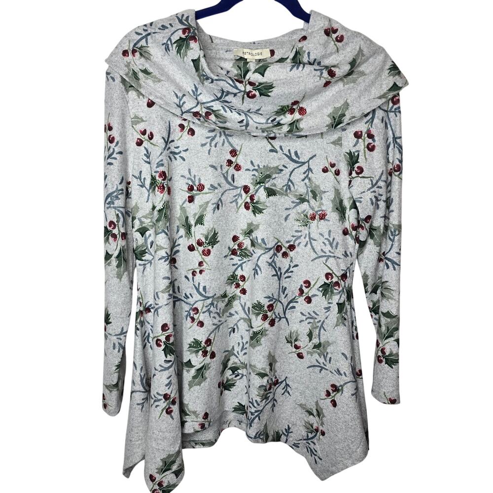 Astrologie Christmas Rhinestone Holly Berry Cowl Neck Tunic Top Size Medium